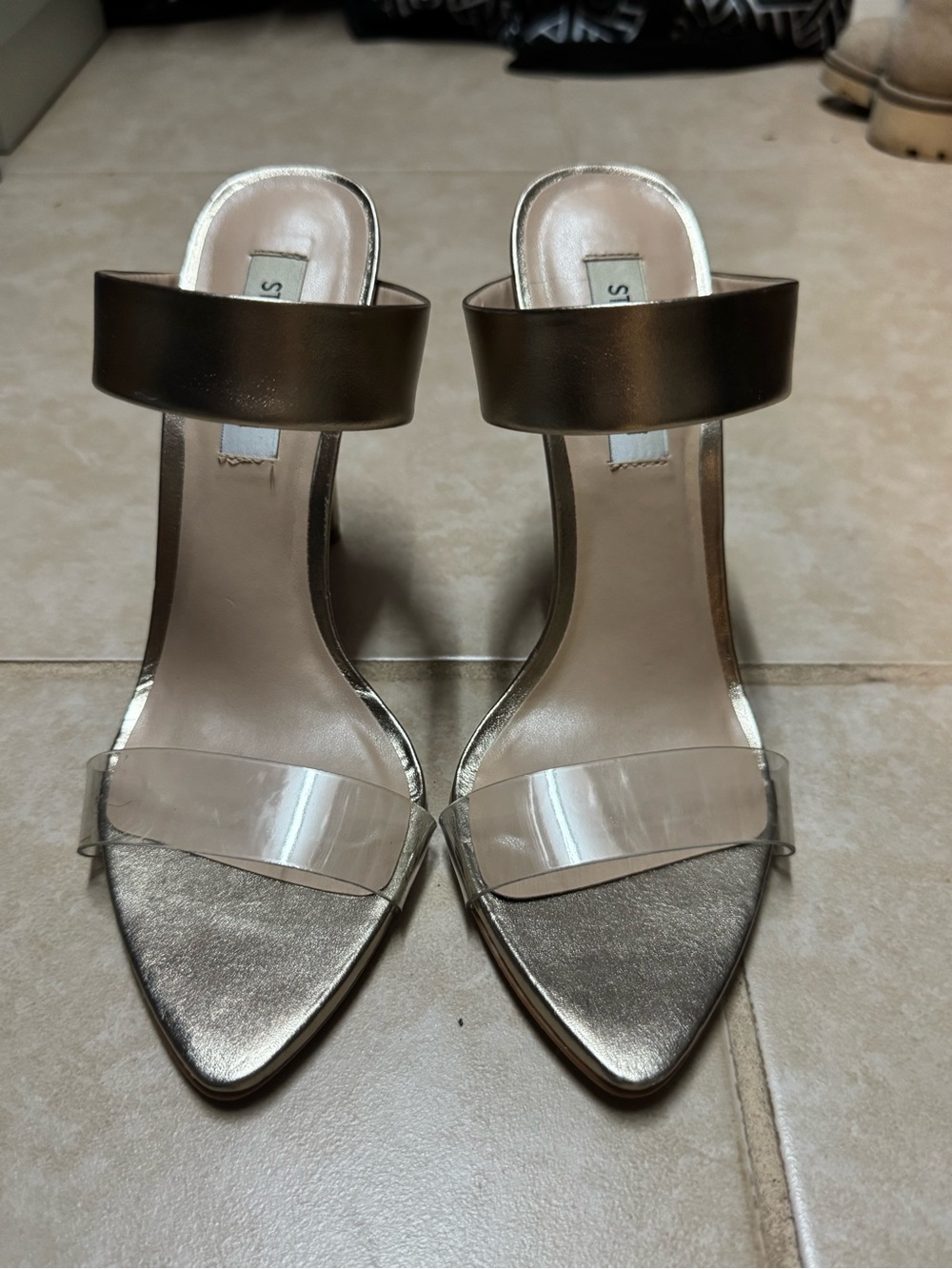 Steve Madden Gold Metallic Slide Heels with Clear Toe Strap